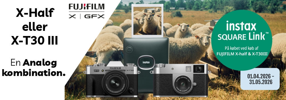 X-half eller X-T30 III en Analog kombination. Instax Sqaure link. Køb X-half eller X-T30 III og få en instax sqaure printer med.